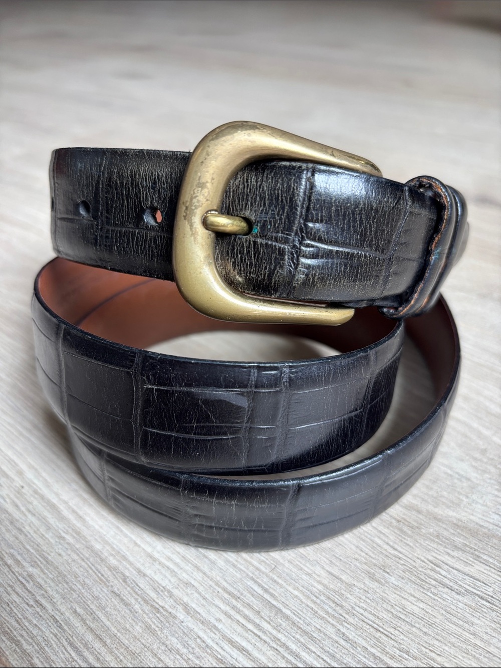Men's Black Croc-Embossed Leather Belt with Brass Buckle